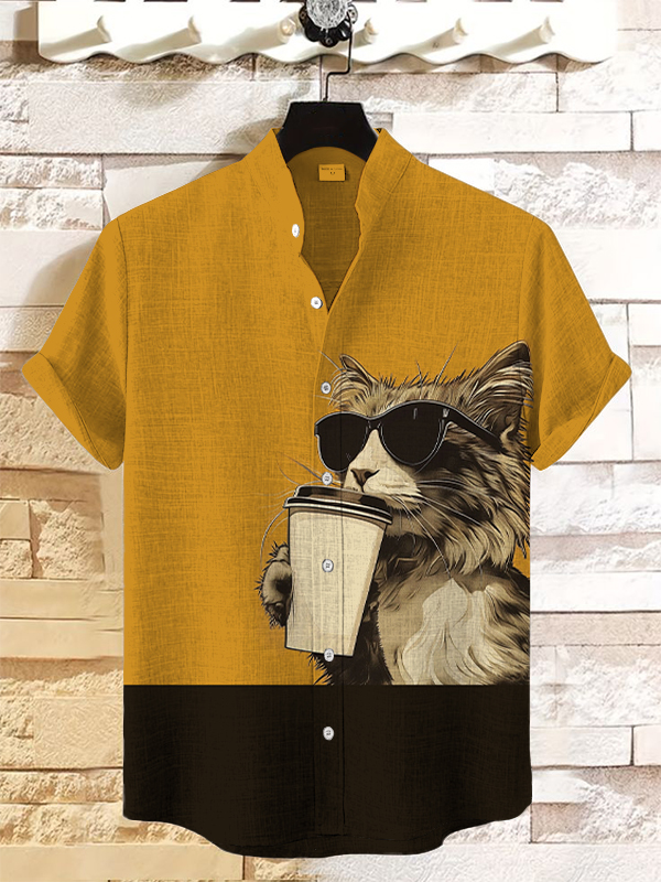 Men's Hipster Cat Coffee Art Print Linen Blend Shirt