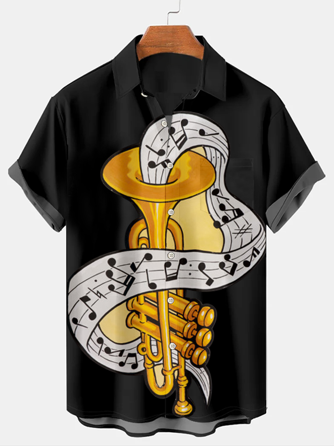 Short-sleeved shirt with musical instrument staff elements
