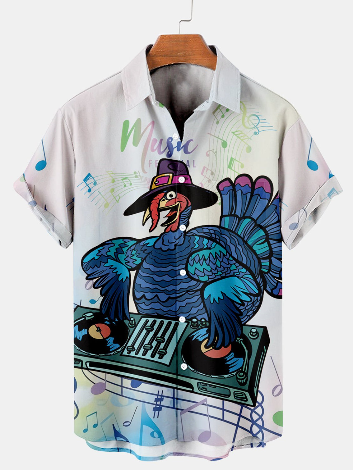 Men's Thanksgiving Cartoon Turkey Print Short Sleeve Shirt