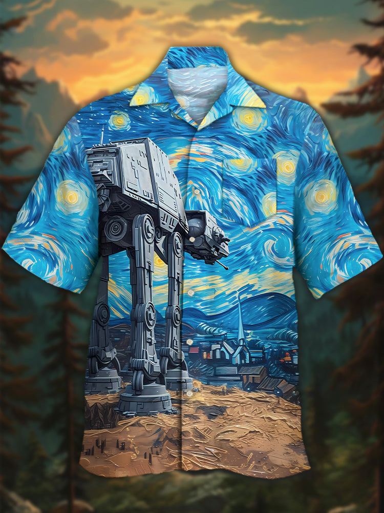 Men's Star Voyage Mechanical Cuban Collar Print Shirt