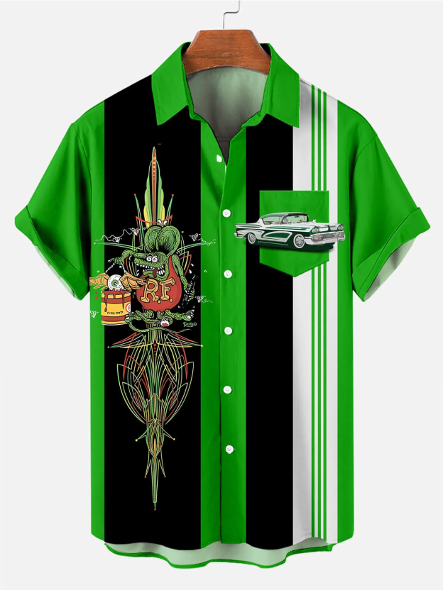 Men's Nostalgic Anime Character Retro Car Short Sleeve Shirt