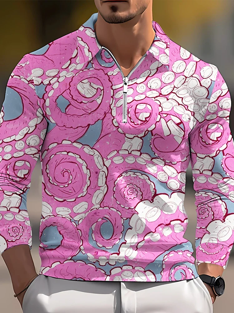 Men's casual art graphic zip long sleeve polo shirt