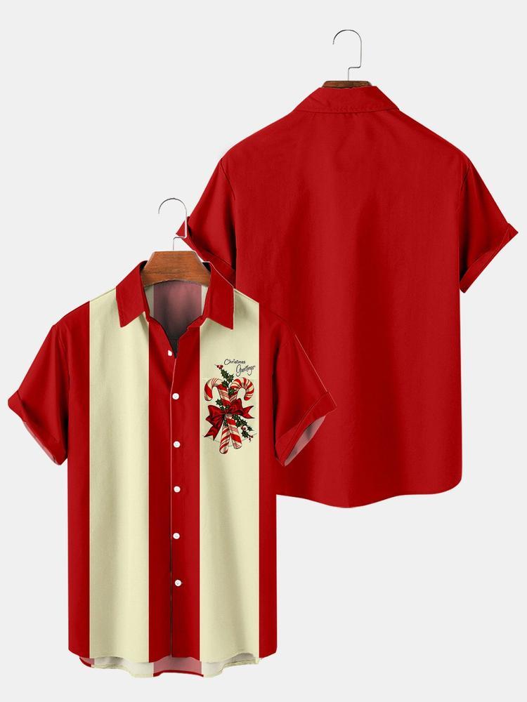 Men Christmas Contrast Color Stripes Men Christmas Print Pocket Front Short Sleeves ShirtPrint Short Sleeves Shirt