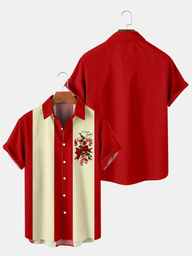 Men Christmas Contrast Color Stripes Men Christmas Print Pocket Front Short Sleeves ShirtPrint Short Sleeves Shirt