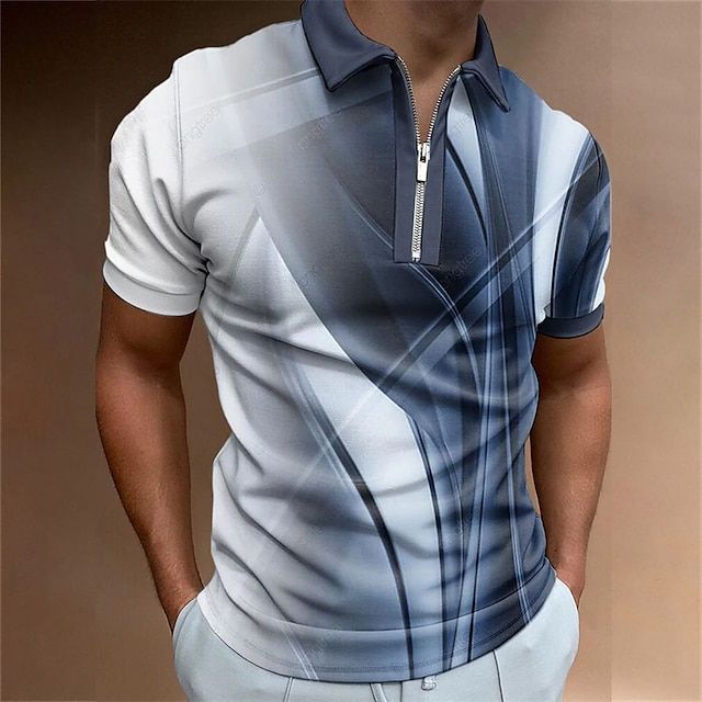 Men's Casual Art Graphic Short Sleeve Zip Polo Shirt