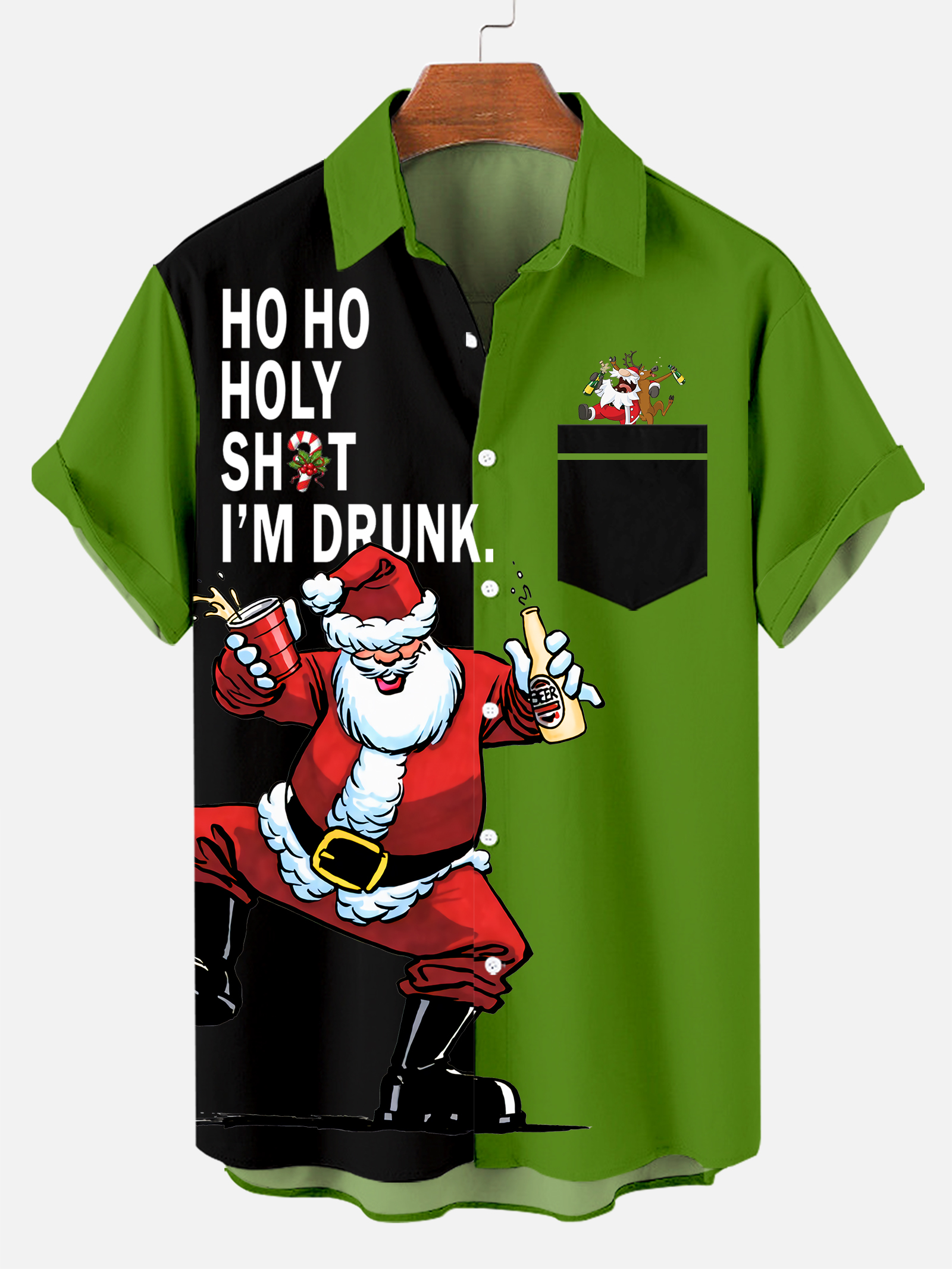 Men's Drink With Father Christmas Printed Short Sleeve Shirt  0324
