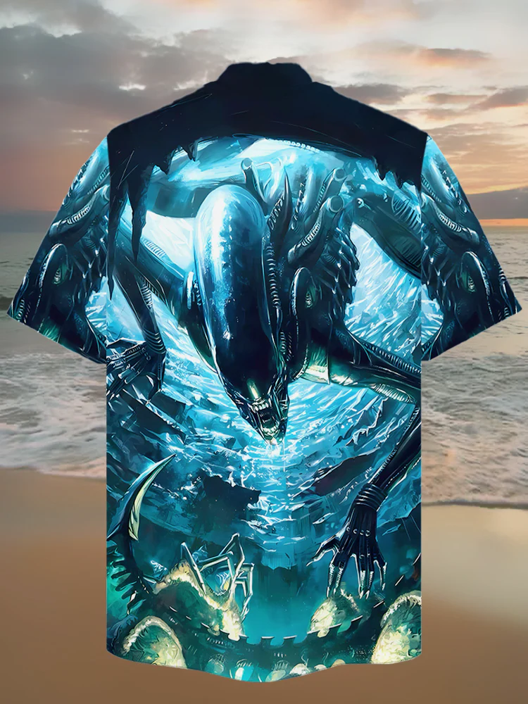 Men's Nostalgic Movie Thriller Monster Cuban Collar Printed Shirt