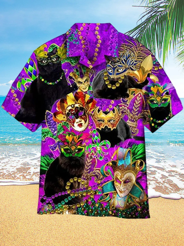 Mardi Gras Carnival Print Hawaiian Short Sleeve Shirt