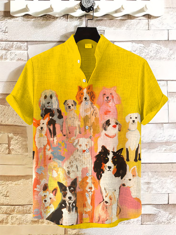 Men's Colorful Dogs Breeds Art Print Linen Blend Shirt