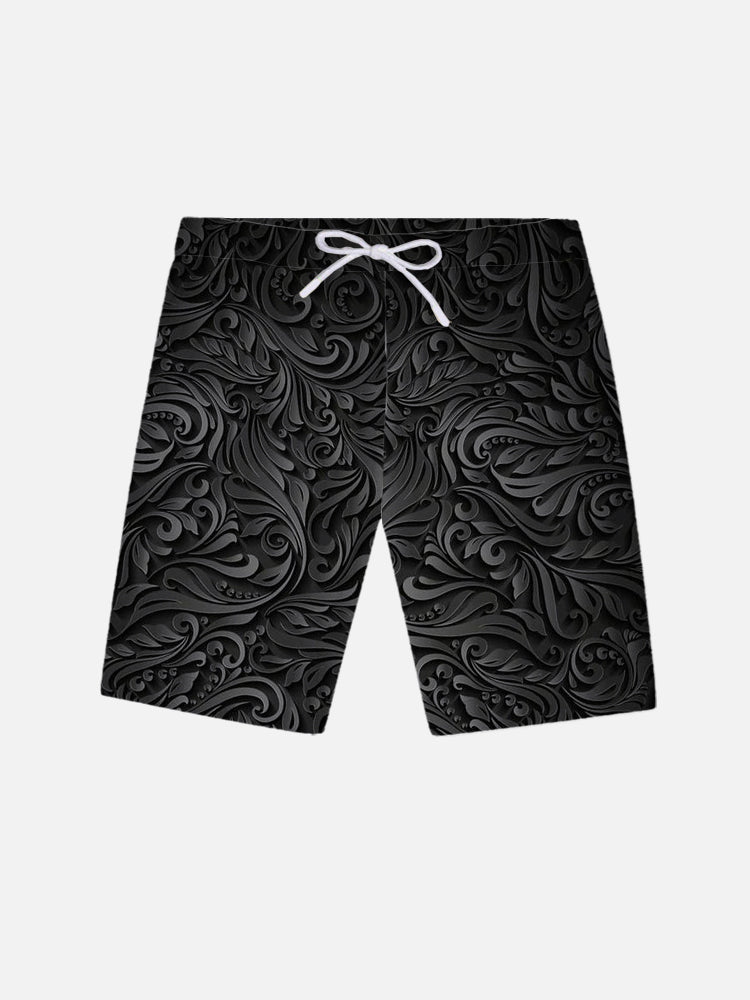 Black Retro Floral Art Pattern Printing Shorts