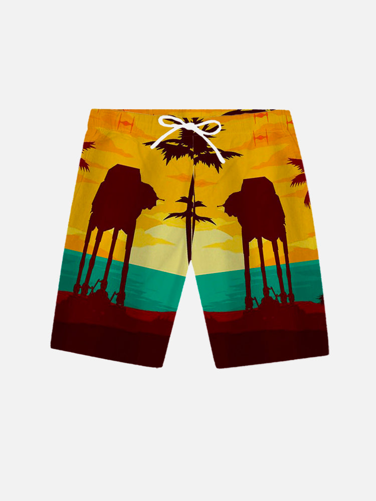 Beach Sunset Coconut Trees And Armored Walker Hawaiian Printing Shorts