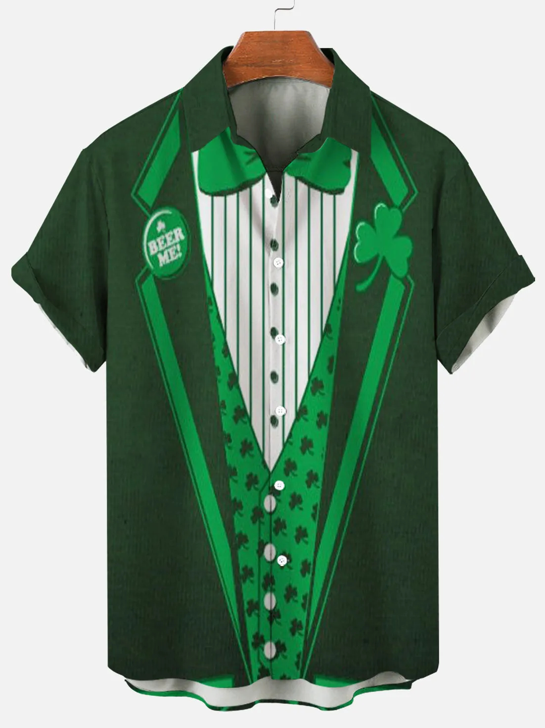 Men's Plus Size Casual St. Patrick's Day Creative Design Short Sleeve Shirt With Pockets