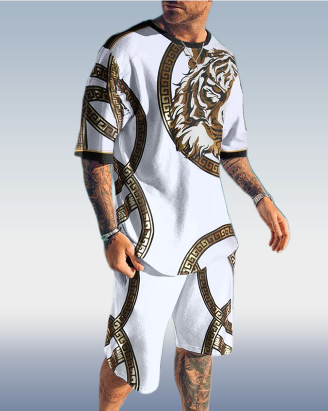 Men's Tiger Print Short Sleeve Two-Piece Set 3 Colors