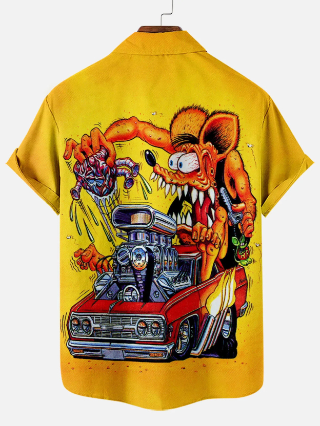 Men's Nostalgic Anime Character Retro Car Short Sleeve Shirt