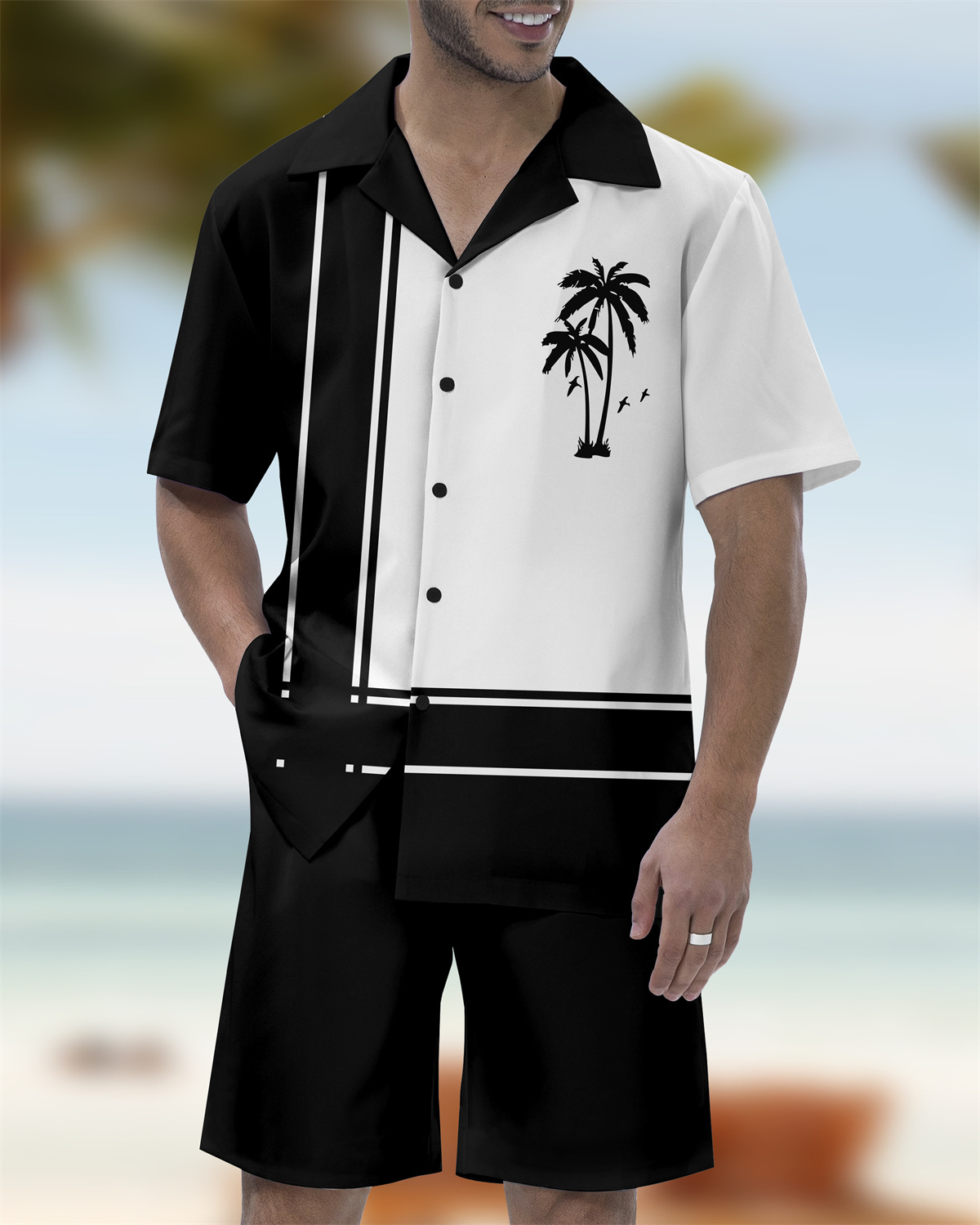 Men's Casual Vacation Hawaiian Cuban Collar Short Sleeve Shirt Set