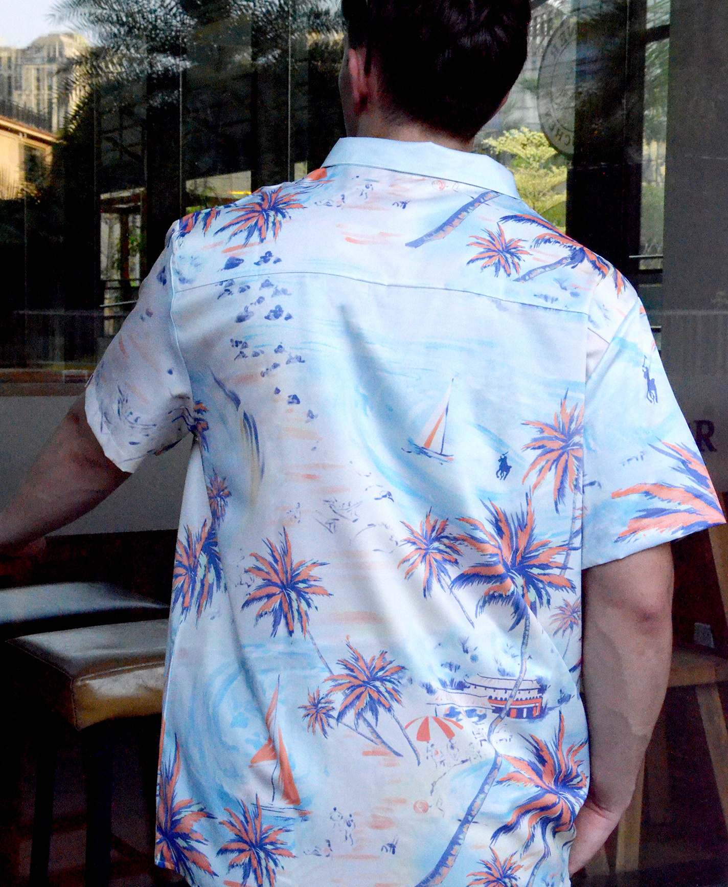 Men's Hawaiian Beach Print Short Sleeve Button Down Shirt, Palm Trees and Sailboats Pattern, Light Blue