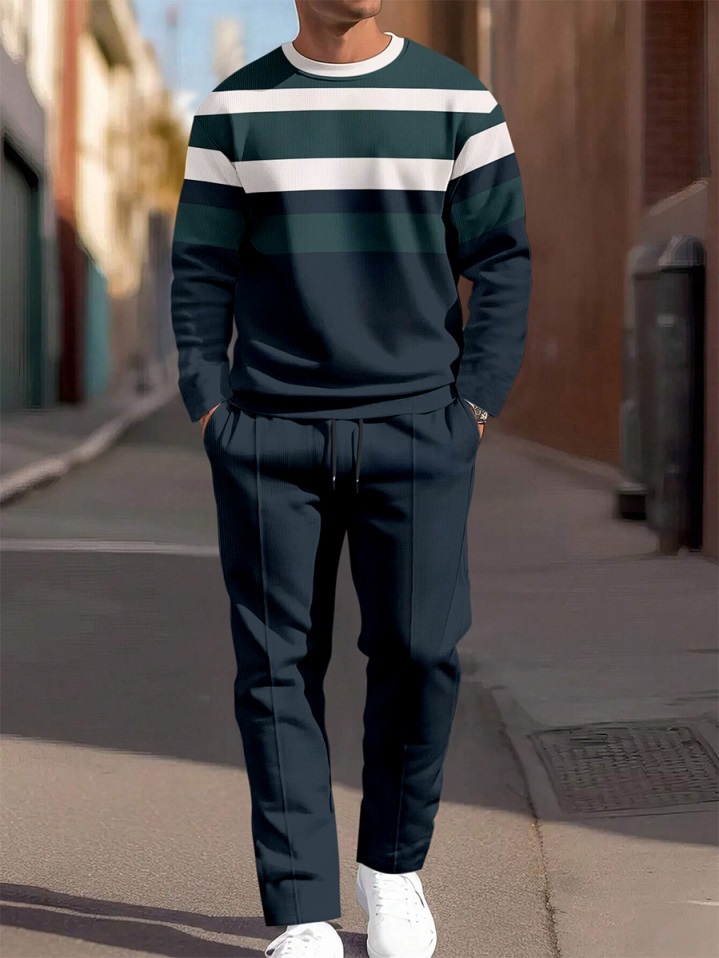 Men's Colorblock Round Neck Casual Sports Set 055