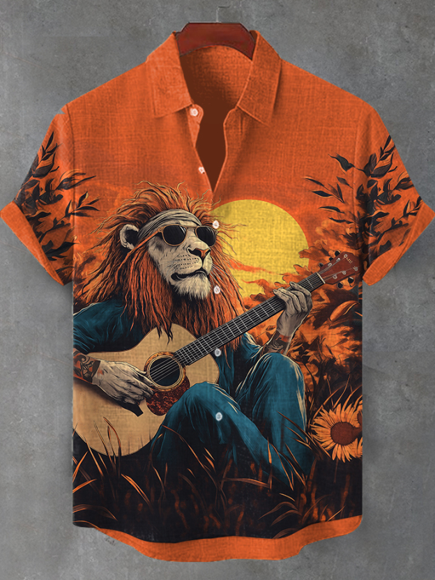Men's Hippie Soul Lion Sunset Guitar Art Print Shirt
