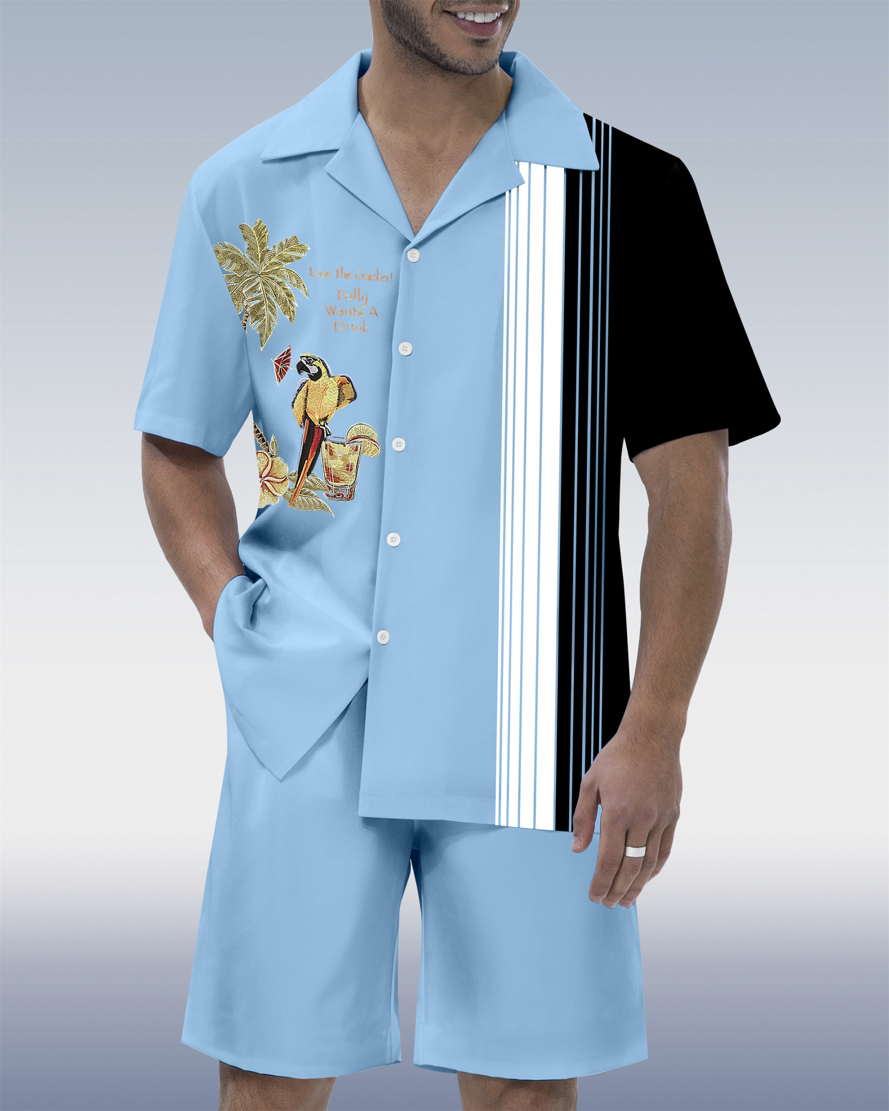 Men's Parrot Head Party Hawaiian Cuban Collar Short Sleeve Shirt Set