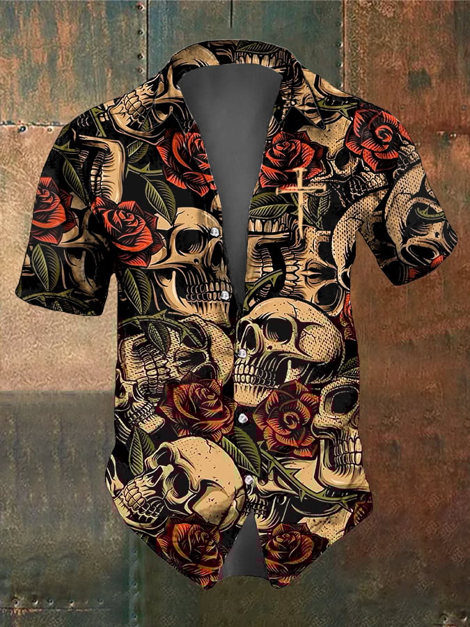 Men's Retro Dark Style Skull Print Shirt