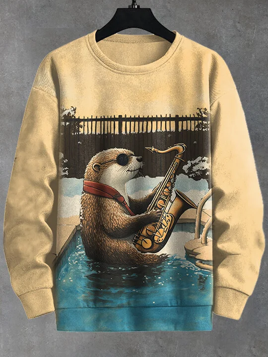 Men's Otter Wearing Sunglasses Playing Saxophone In The Swimming Pool Print Casual Sweatshirt