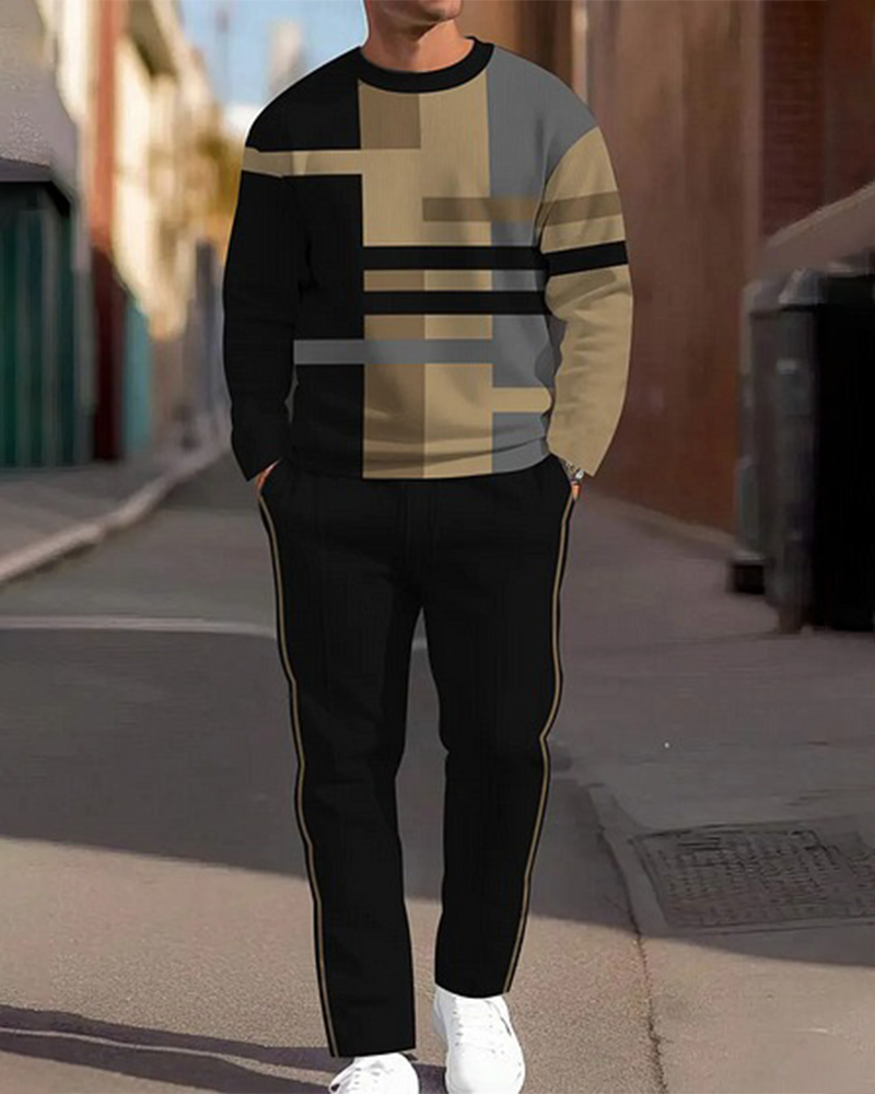 Men's Simple Colorblock Round Neck Casual Sports Set 0136