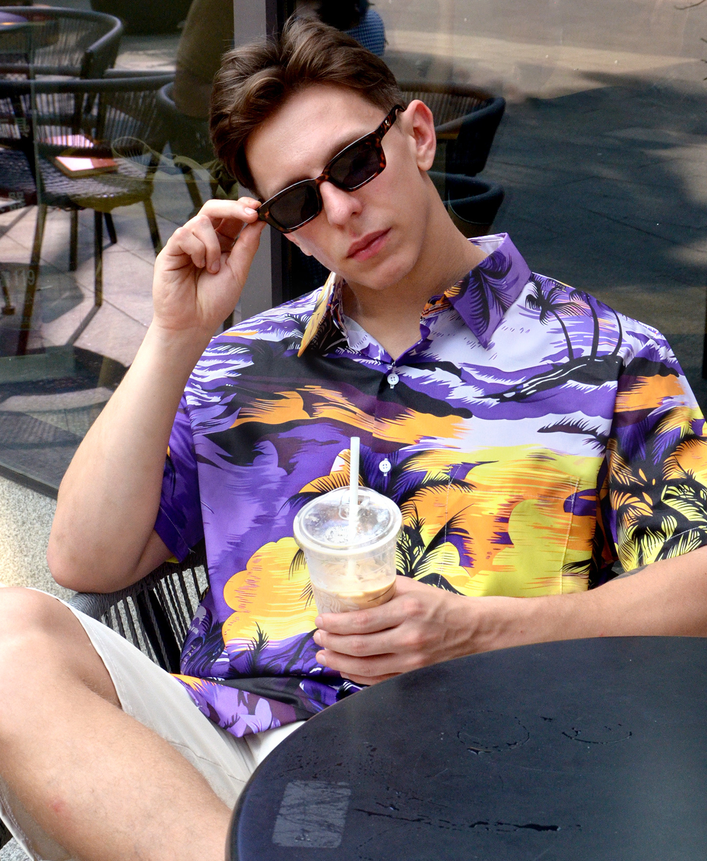 Men's Hawaiian Aloha Shirt, Short Sleeve Button Down, Tropical Palm Tree Print, Purple and Yellow