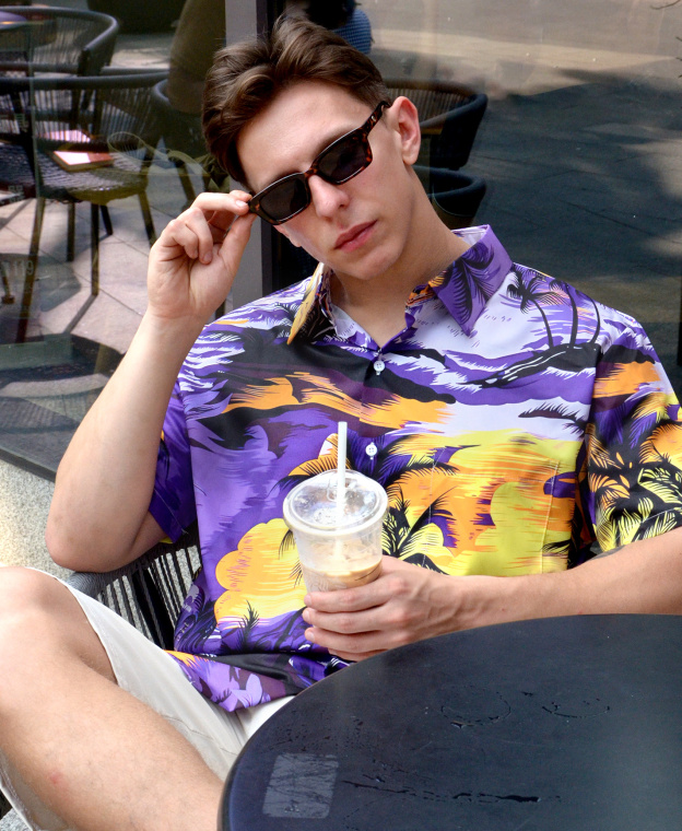 Men's Hawaiian Aloha Shirt, Short Sleeve Button Down, Tropical Palm Tree Print, Purple and Yellow