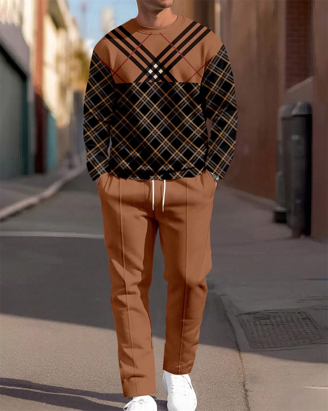 Men's Simple Colorblock Round Neck Casual Sports Set 0193