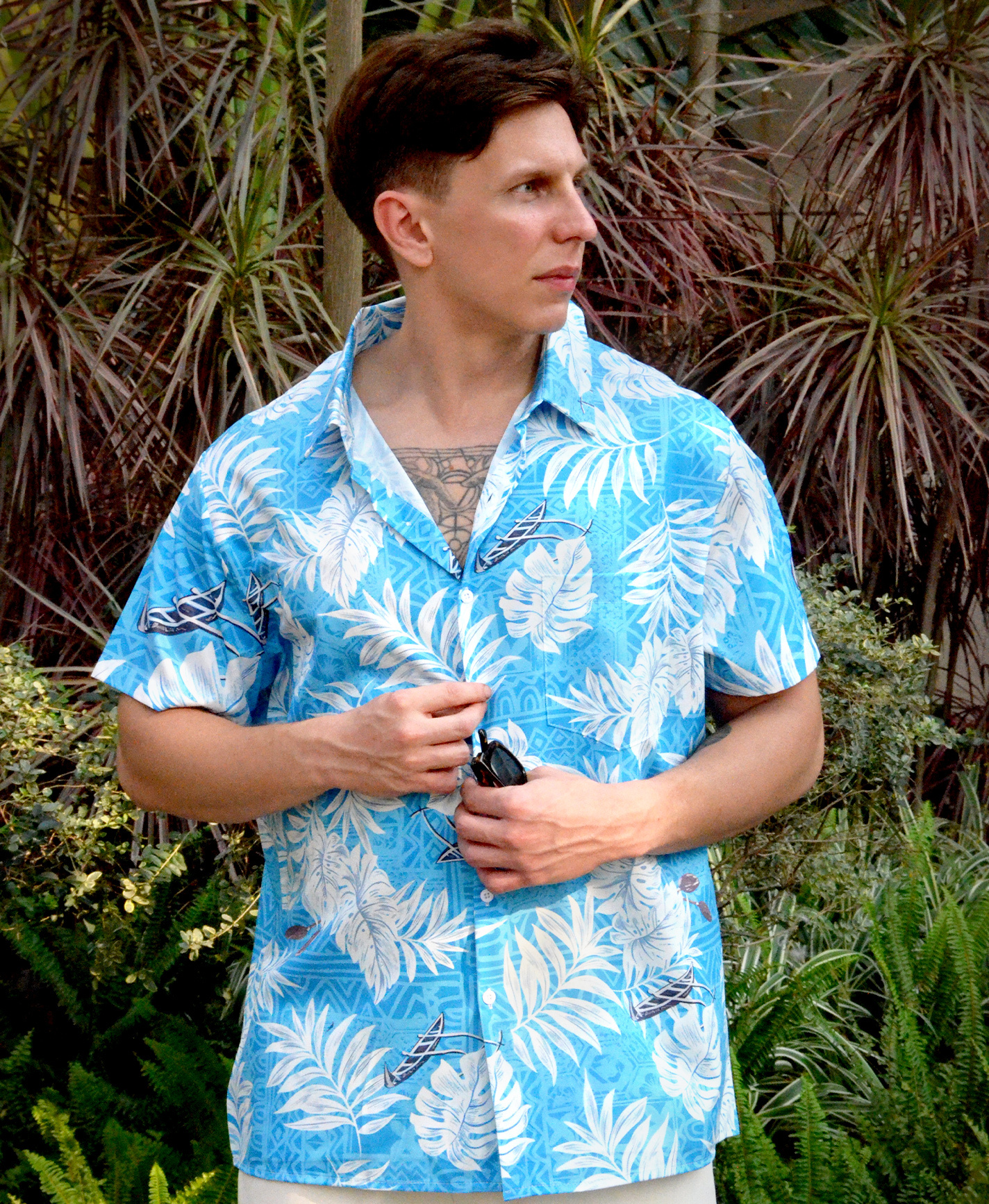 Men's Hawaiian Shirt, Short Sleeve Button Down, Tropical Palm Leaf Print, Blue and White