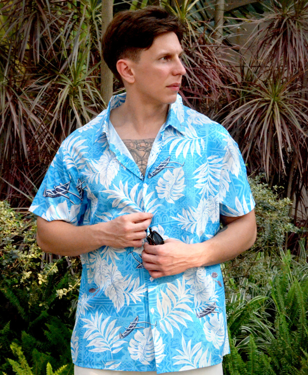 Men's Hawaiian Shirt, Short Sleeve Button Down, Tropical Palm Leaf Print, Blue and White