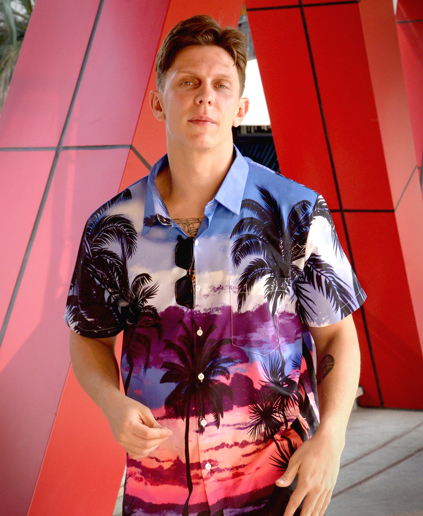 Men's Hawaiian Beach Shirt, Palm Tree Sunset Print, Short Sleeve Button Down, Blue and Purple