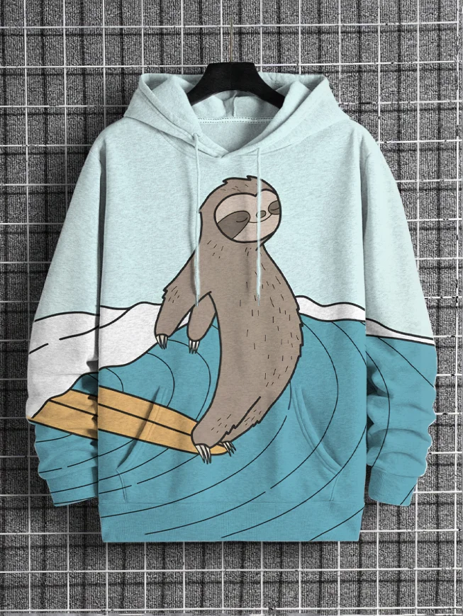Men's Sloth Surfing Art Print Casual Hoodie