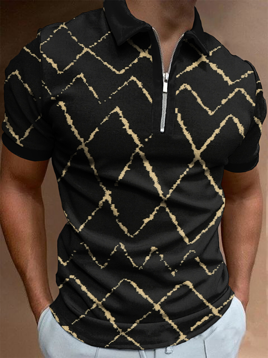 Fashion black casual geometric printed polo shirt