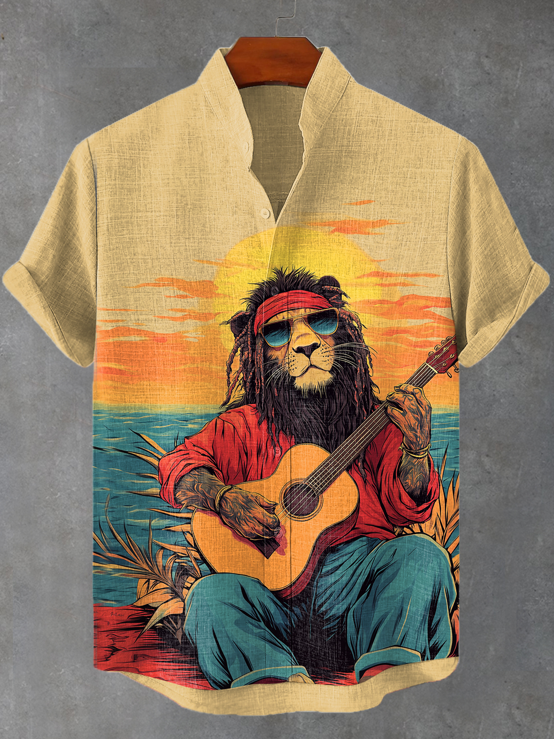 Men's Hippie Reggae Soul Lion Sunrise Guitar Art Print Shirt