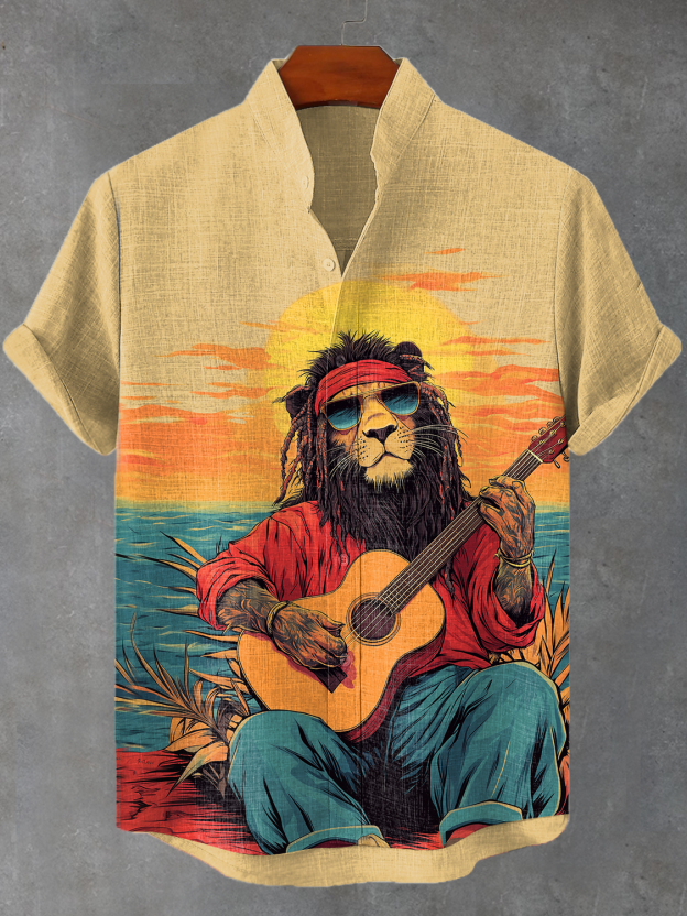 Men's Hippie Reggae Soul Lion Sunrise Guitar Art Print Shirt
