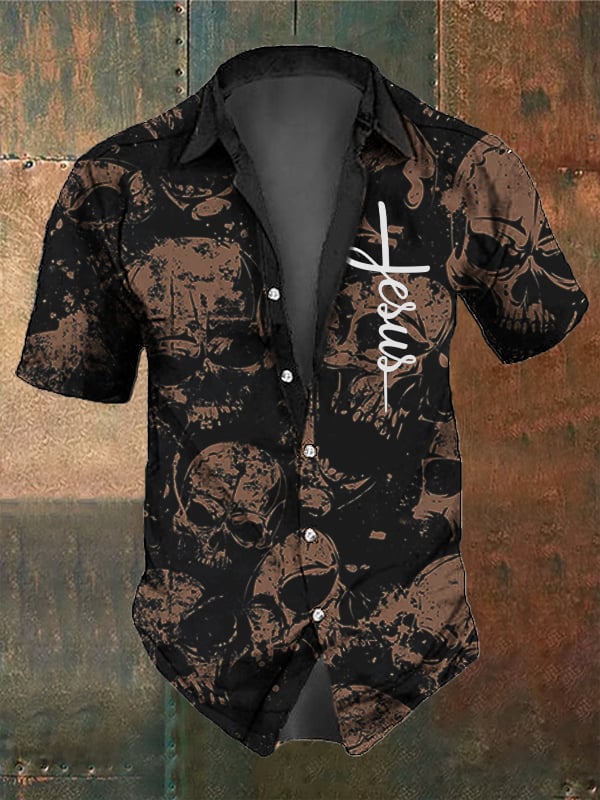 Men's Retro Dark Skull Casual Short Sleeve Shirt