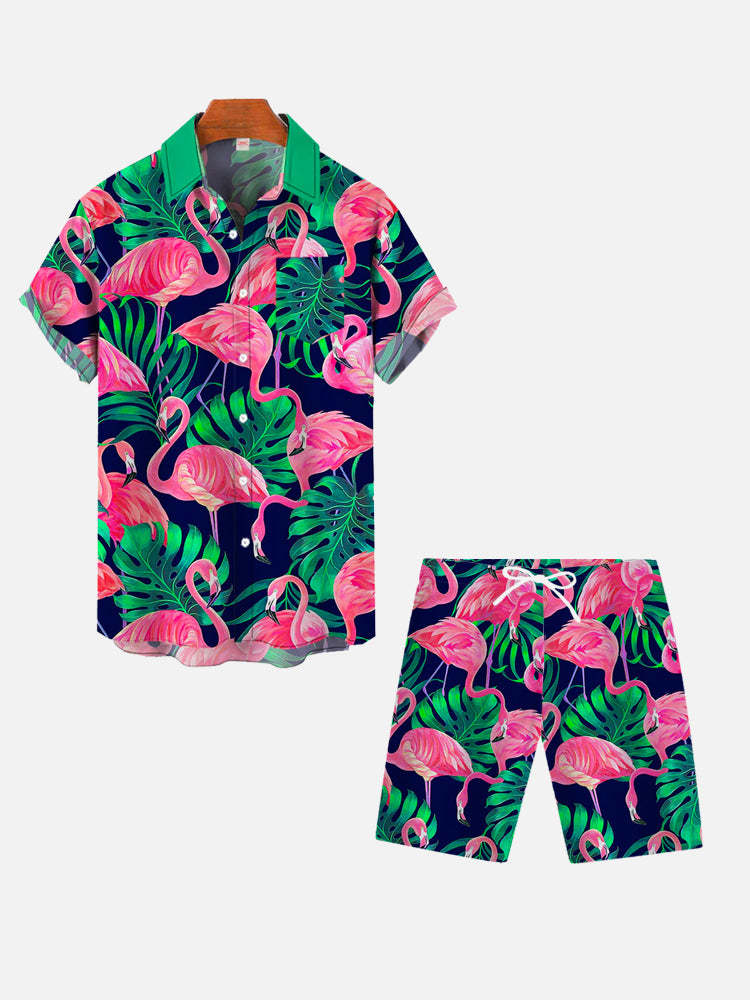 Tropical Plant Leaves Cluster Flamingos Printing Shorts
