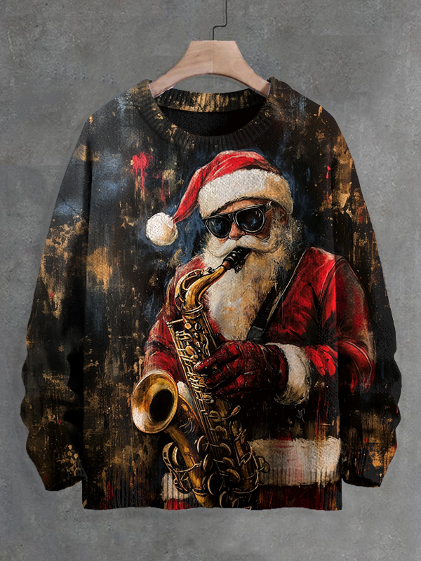 Men's Punk Santa Playing Saxophone Print Knit Sweatshirt