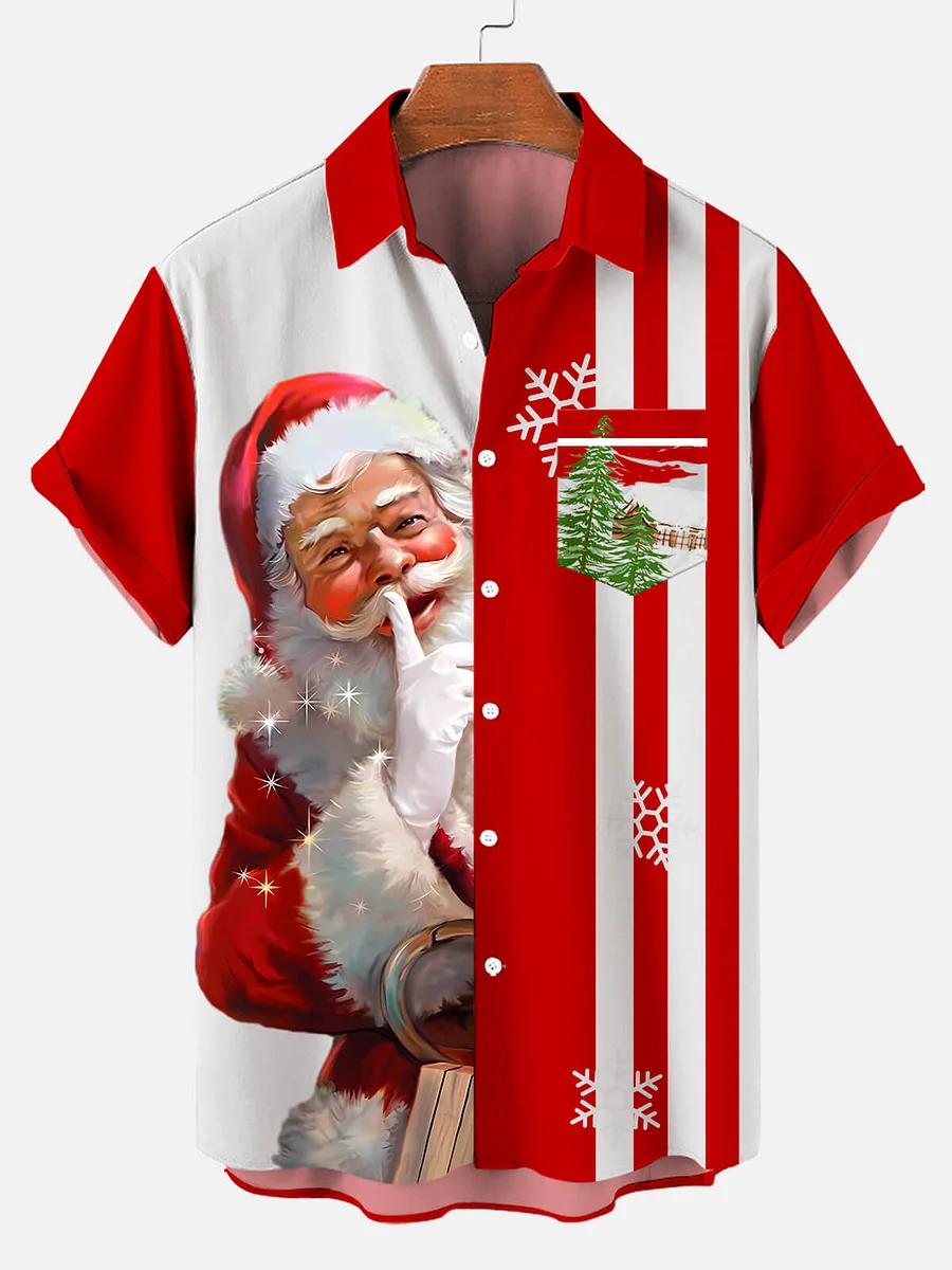 Men's Santa Fun Stripe Print Short Sleeve Shirt 0398