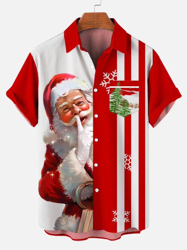 Men's Santa Fun Stripe Print Short Sleeve Shirt 0398
