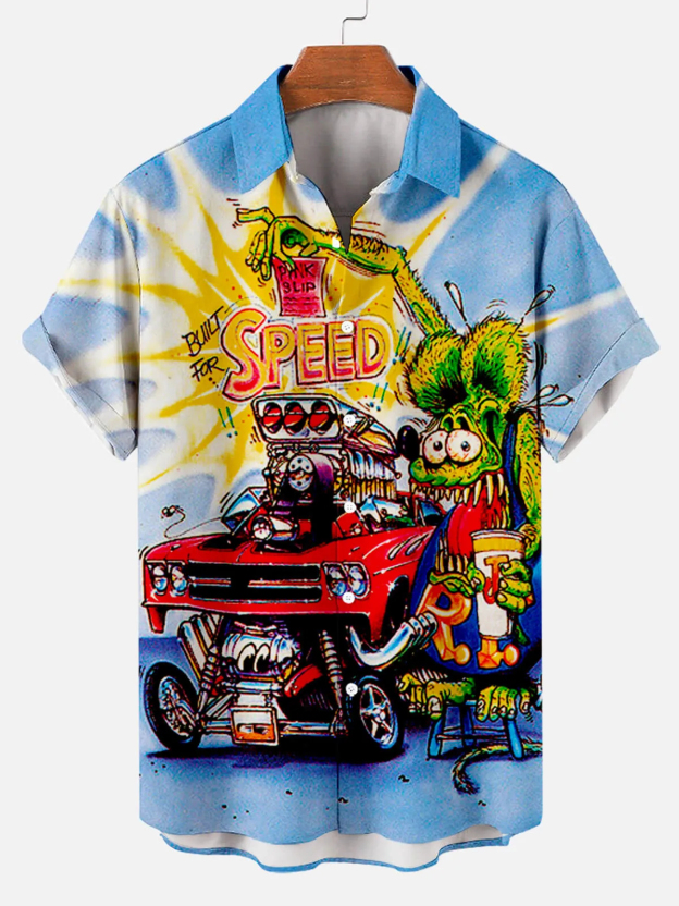 Men's Nostalgic Anime Character Retro Car Short Sleeve Shirt