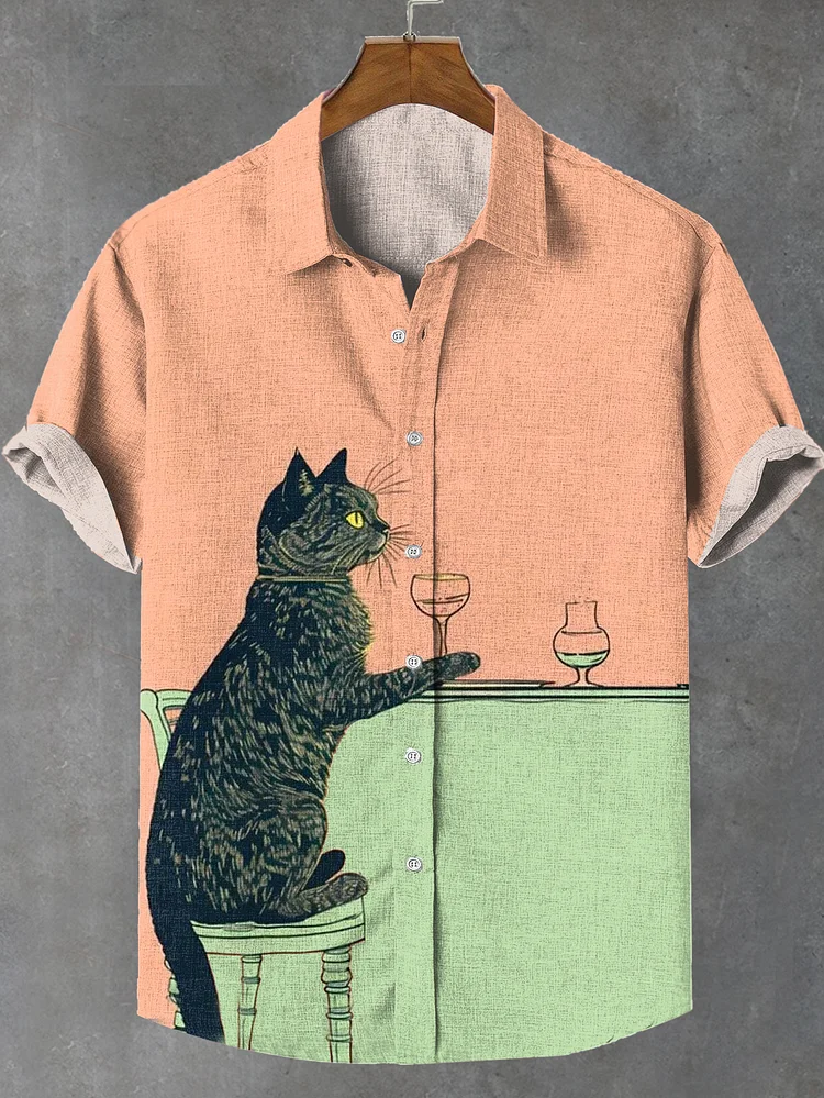 Men's Retro Cartoon Anime Cat Theme Short Sleeve Shirt