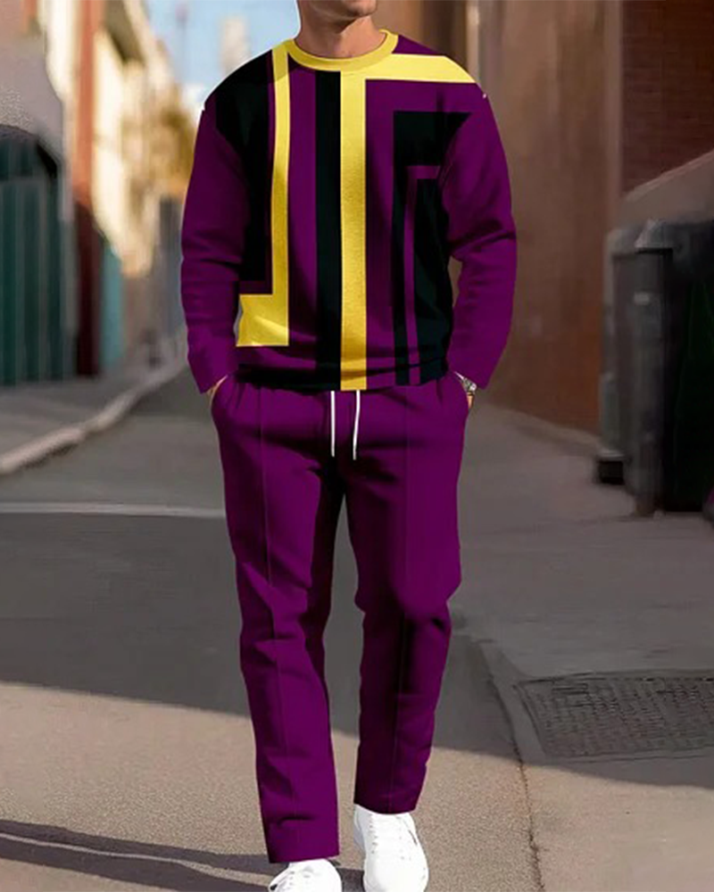 Men's Simple Colorblock Round Neck Casual Sports Set 0172