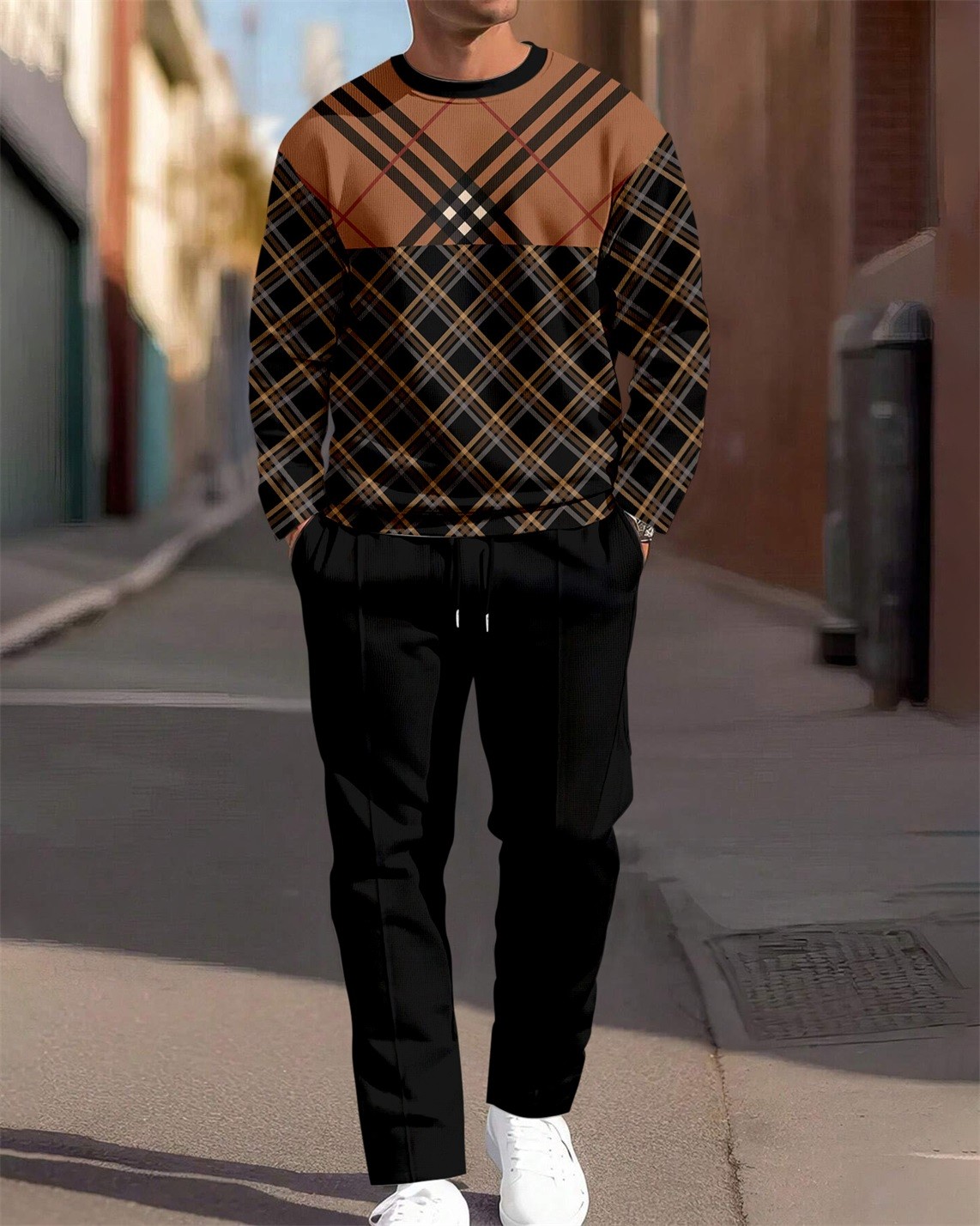 Men's Simple Colorblock Round Neck Casual Sports Set 0193