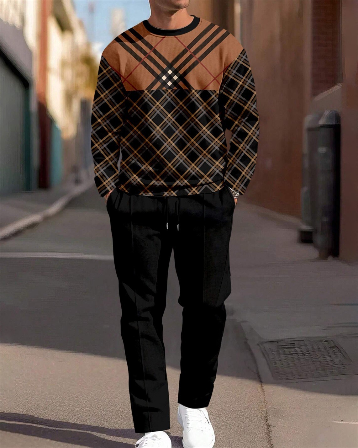 Men's Simple Colorblock Round Neck Casual Sports Set 0193