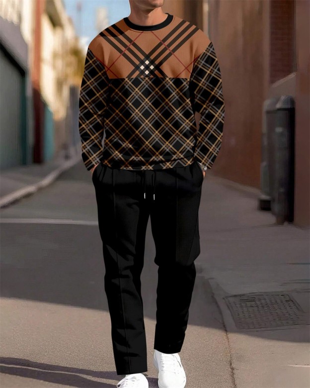 Men's Simple Colorblock Round Neck Casual Sports Set 0193