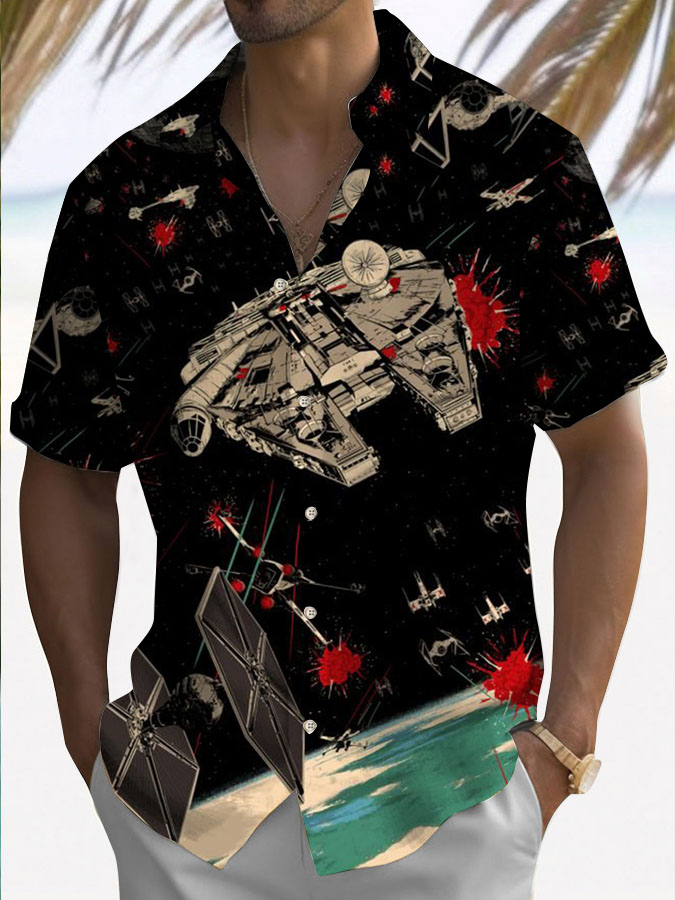spaceship combat style printed short sleeve shirt
