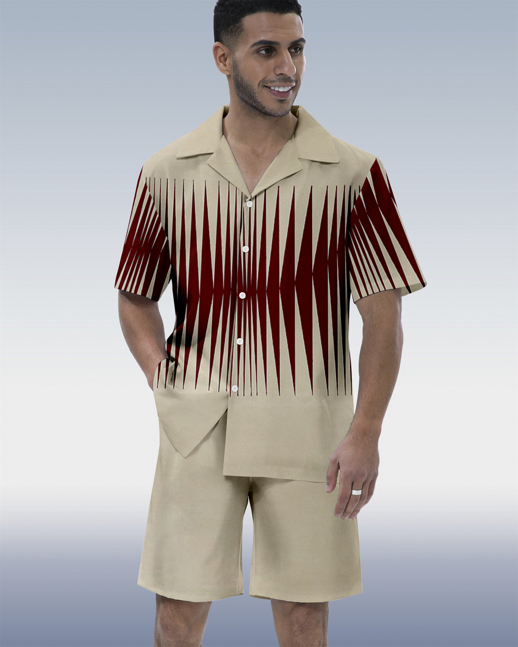 Men's Colorblock Geometric Hawaiian Cuban Collar Short Sleeve Shirt Set