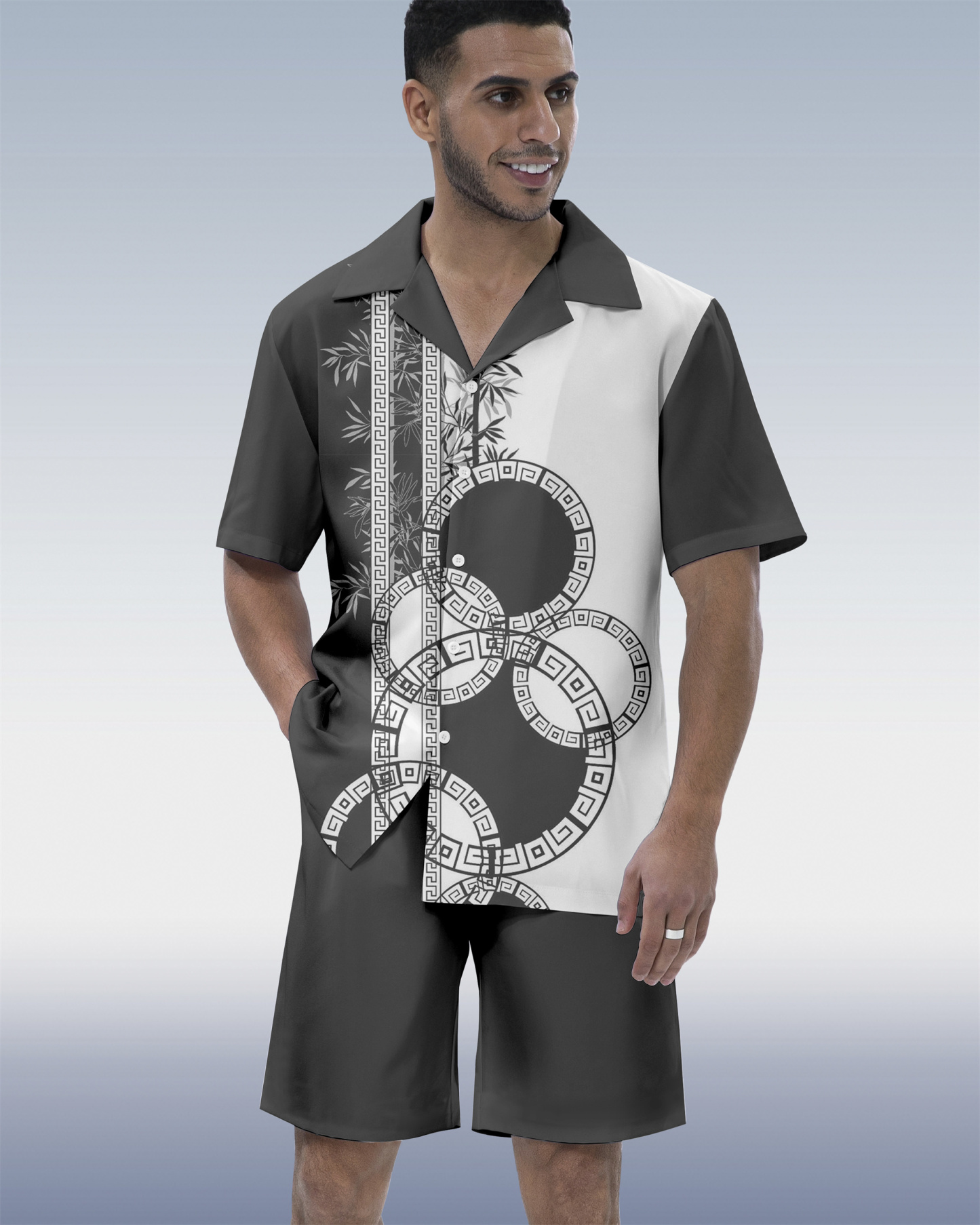 Men's Colorblock Geometric Hawaiian Cuban Collar Short Sleeve Shirt Set 06